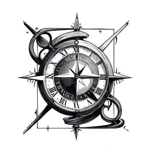 Hourglass Clock And Compass Intertwined