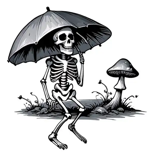 Dancing Skeleton With Hat And Umbrella Turning To Mushroom