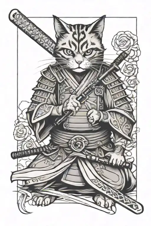 Cat Samurai Holding Katana With 2 Hands Pointed Towards The Viewer