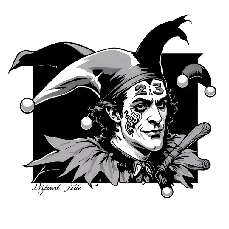 A Jester With A Fether In His Cap And The Number 23 Tattood On His Face