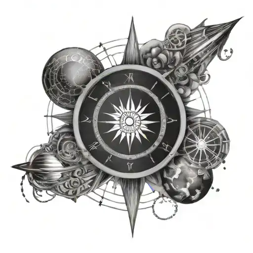 Solar System In Clock With Compass Needles And Mandala Shapes In Between