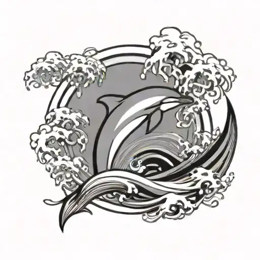 A Dolphin Next To A Japanese Wave In A Circular Design
