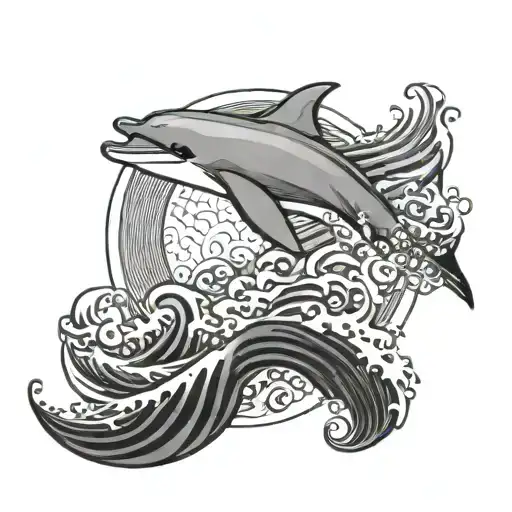 A Dolphin Next To A Japanese Wave In A Circular Design