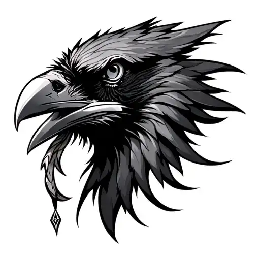Raven Head Side Profile With Norse Theme Behind