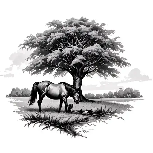 Horse Eating Grass Outside Under Willow Tree Nature Around