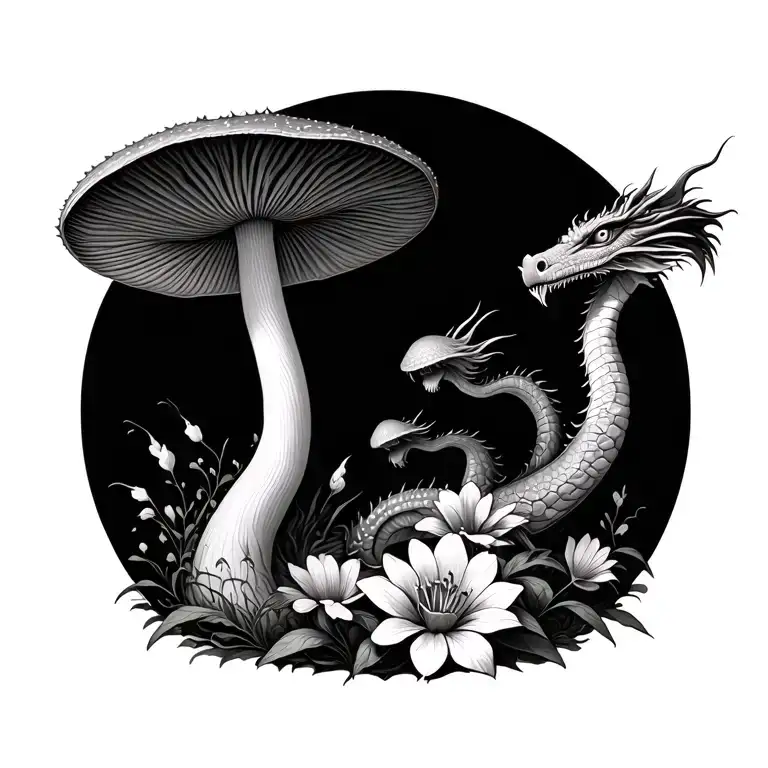 Mushroom And Flowers And Dragon
