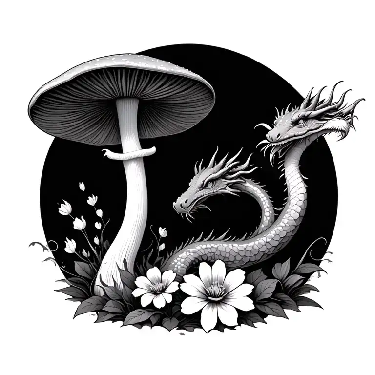 Mushroom And Flowers And Dragon