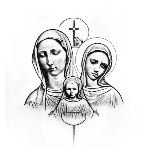 A Tattoo Of The Virgin Mary Surrounded By Family Members In A Black-grey Style