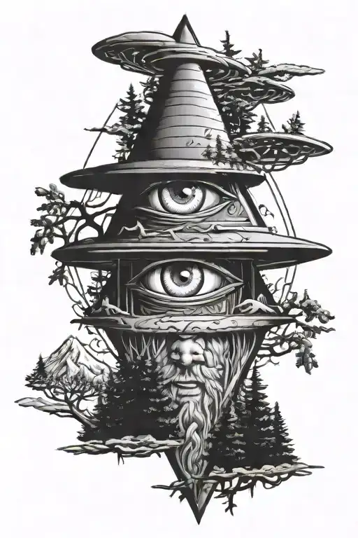 Illuminati Eye Surrounded By Trees And A Ufo Abducting Bigfoot