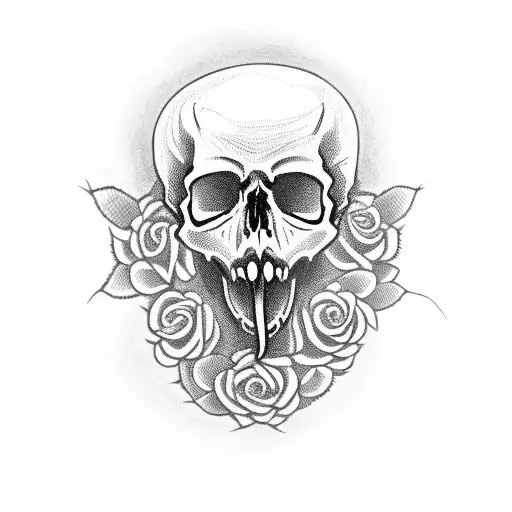 Gothic Skull With Snake Coming Out Of Mouth Surrounded By Roses