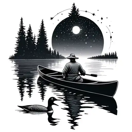 Man In Canoe On Lake Under Constellations With Loon On Water