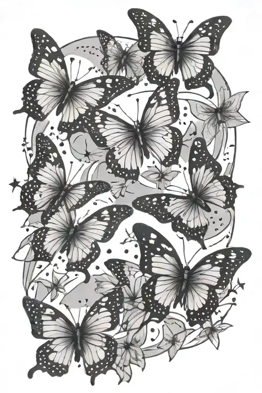 5 Butterflies Flying In A Line With Stars