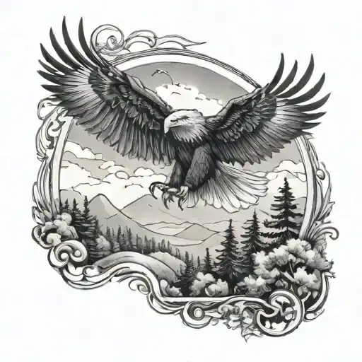A Black-grey Tattoo Of A Majestic Eagle Soaring Over A Forest With The Sea In The Distance