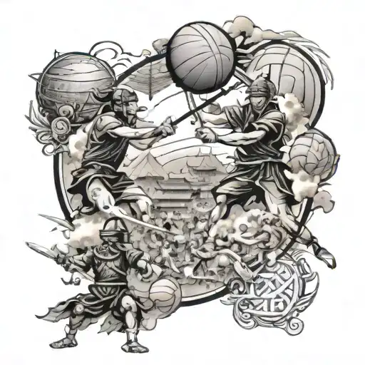 Collage Of Volleyball Game Scenes And Samurai Battles Merging Into A Visually Striking Composition