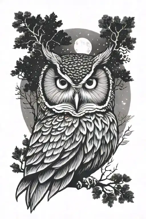 Masculine Owl Moon Night Sky Over Forest