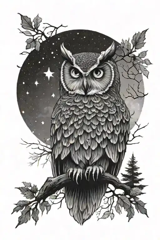 Masculine Owl Night Sky Over Forest
