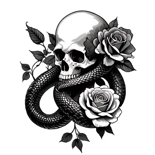 Snake And Roses Intertwined And Skull
