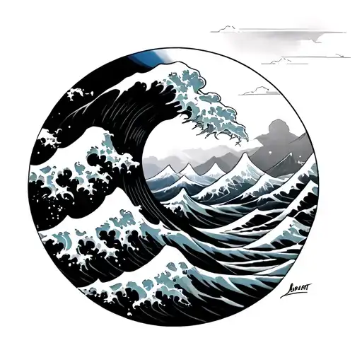 Great Wave Off Kanagawa With Enlarged Mountain