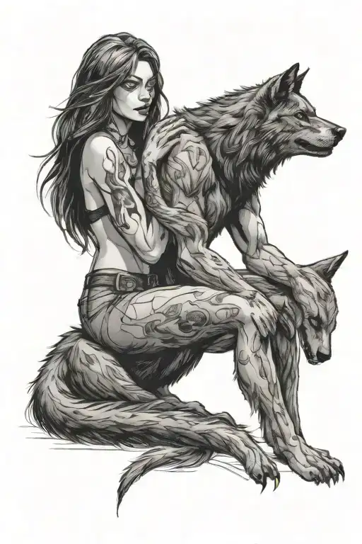 A Big Wolf Werewolf Sits And Hugs A Beautiful Young Woman With One Paw