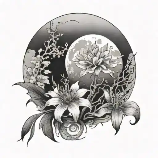 Red Moon With Japanese Clouds And Red Spider Lily