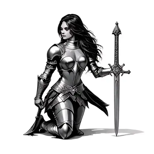 Female Knight Kneeling With Sword Going