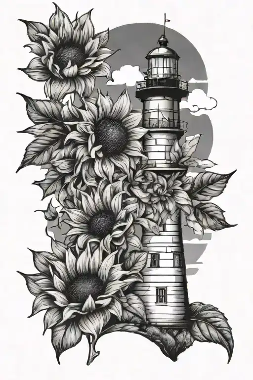 Lighthouse With Sunflower Blooming