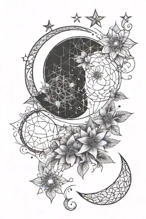 Crescent Moon And Stars Connected By Flower Of Life Sacred Geometry