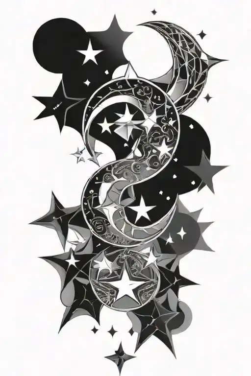 Crescent Moon And Stars Connected By Sacred Geometrical Designs