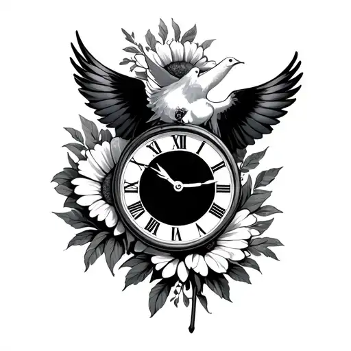 Dove Flying Over Roman Numeral Clock Next To A Marigold