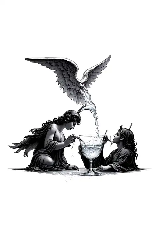 Angel Pouring Water From Glass In Soul And Devil Drinking It On Straw