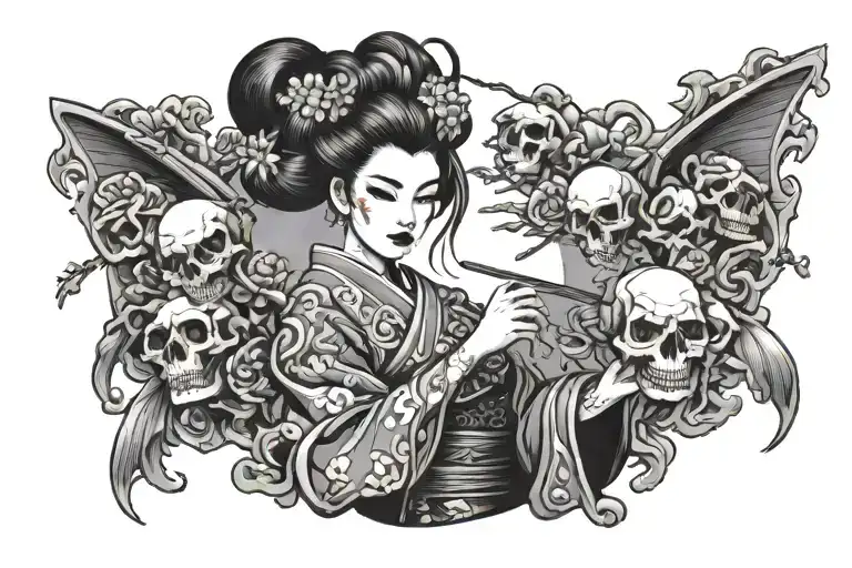 Evil Geisha Holding Skulls