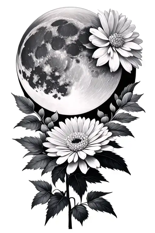 Realistic Full Moon Looking Over Chrysanthemum Flower