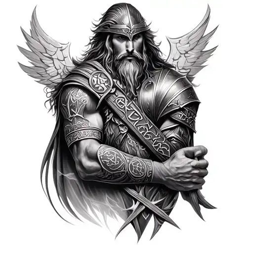 Total Arm Realistic Nordic Tattoo With Runes And Odin And Thor