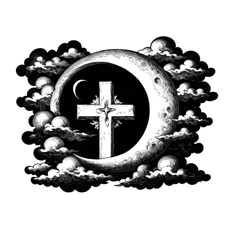 Cross Surrounded By Clouds With A Moon