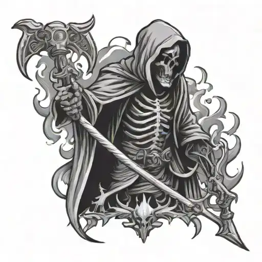Grim Reaper With Horns On Head With Scythe On Back And Flaming Eyes