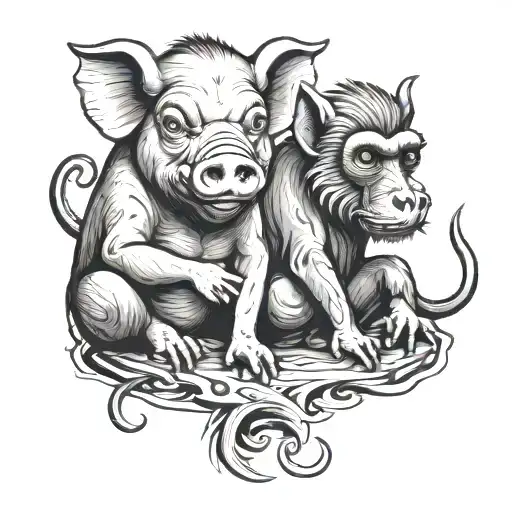 One Pig And One Monkey