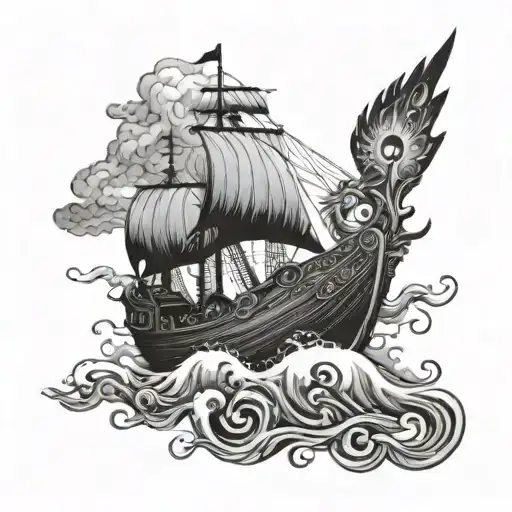 Intricate Viking Ship Sailing Through Stormy Seas With A Raven Flying Overhead