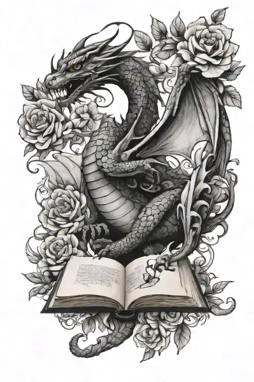 Dragon Flying Out Of Book Surrounded By Bold Floral