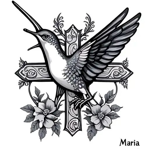 Maria Name With Cross And Hummingbird