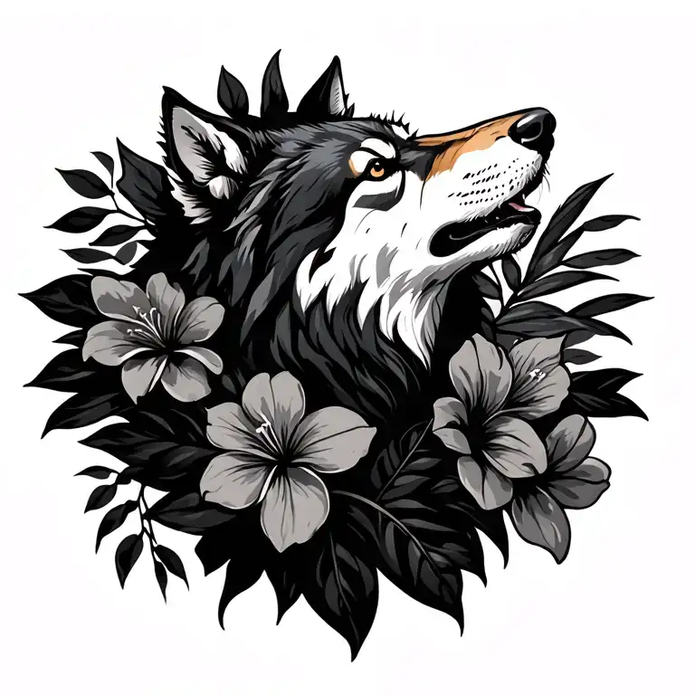 Wolf Howling And Hawaii Flowers Blooming