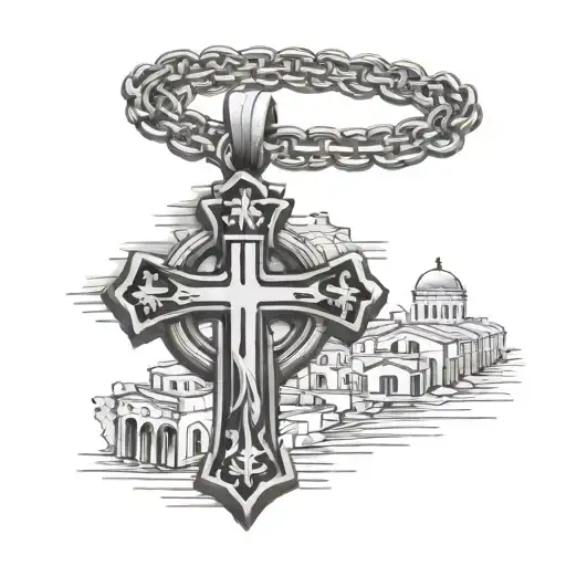 Orthodox Christian Cross On Necklace Surrounded By Greek Buildings