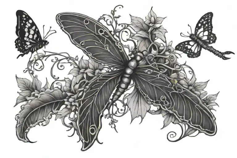 Fineline Tattoo With A Dragon Fly And Butterfly Surrounded By Vines