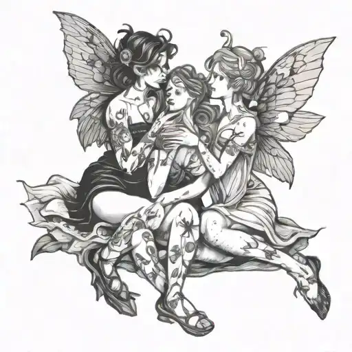 Lesbian Fairies Cross Legged Kissing Each Other