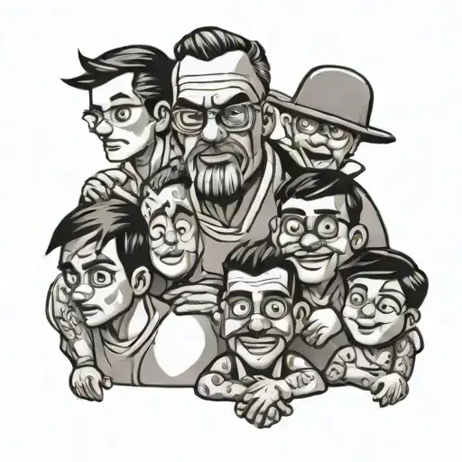 Funny Cartoon Representation Of Father With 3 Sons