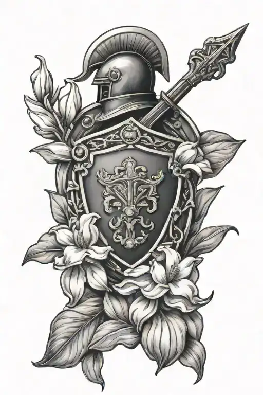 Magnolia And Iris Flowers Intertwined With Roman Shield And Helmet And Sword