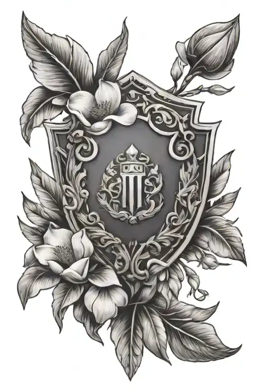 Magnolia And Iris Flowers Intertwined With Roman Shield And Feathers And Arrows With Roman Numerals