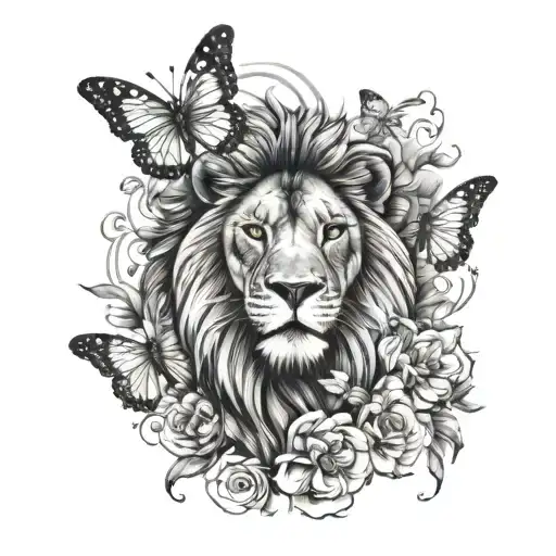 Lion And Butterflies Surrounding Them