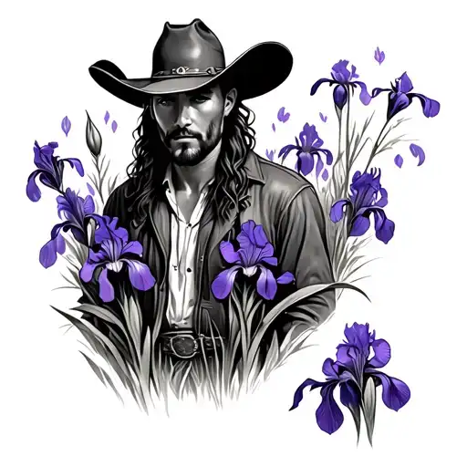 Cowboy Samari In A Field Of Purple Iris Flowers