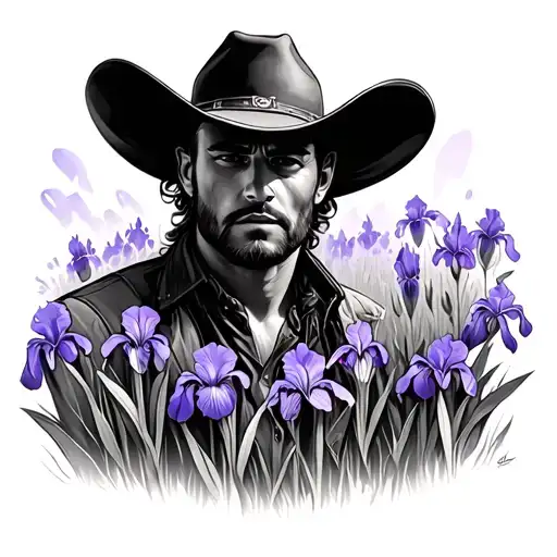 Cowboy Samari In A Field Of Purple Iris Flowers