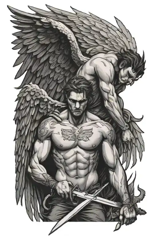 Fallen Angel With Wings Holding A Sword Looking Down To A Powerful Man